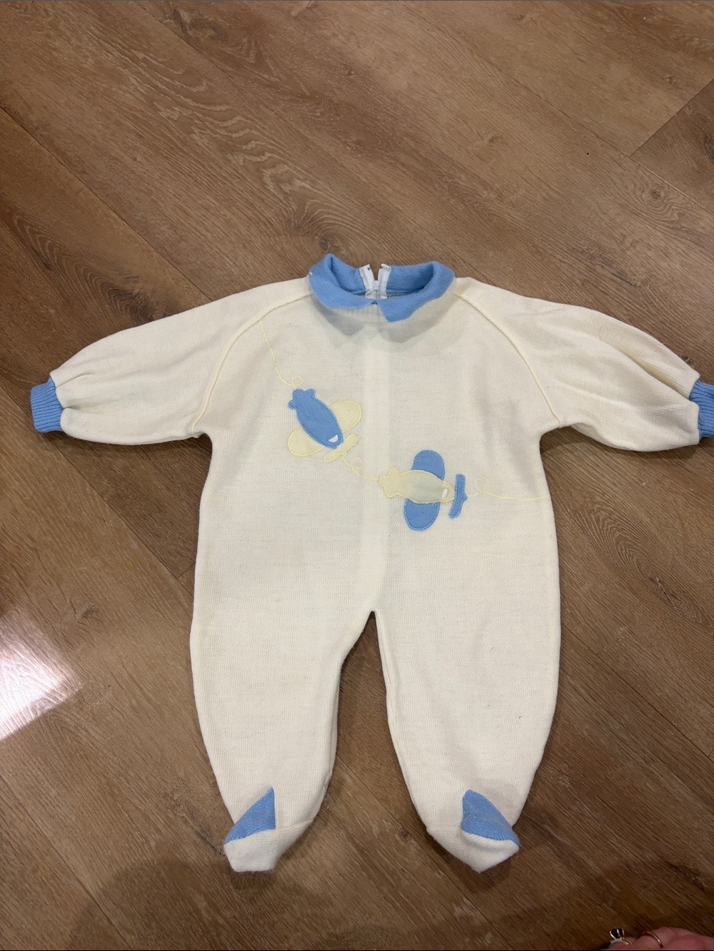 Vintage Cream and Light Blue Baby One-Piece Romper